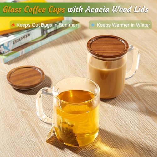 DRASTAR Glass Coffee Cups,12 oz Clear Coffee Mugs with Acacia Wood Lid,Flat Bottomed Coffee Mug with Handles,Tea Cup Set of 2 - Image 4