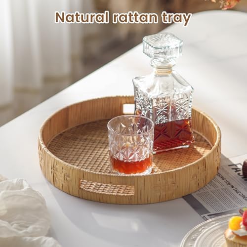 Round Rattan Tray for Coffee Table, Large Woven Decorative Tray, Wicker Serving Trays with Handles for Home and Kitchen Decor 13.2 inch - Image 2