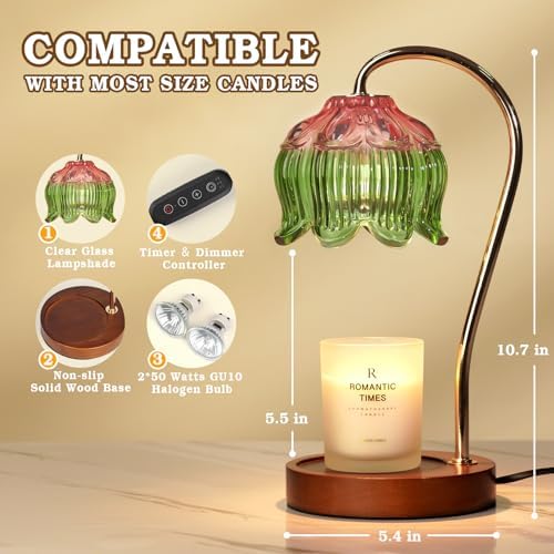 Funistree Glass Candle Warmer Lamp with Timer, Electric Candle Warmer Lamp, Graduation Birthday Gifts for Women Girls, Flower Candle Light Warmer Gifts, Aromatic Candle Warmer for Vintage Home Decor - Image 4