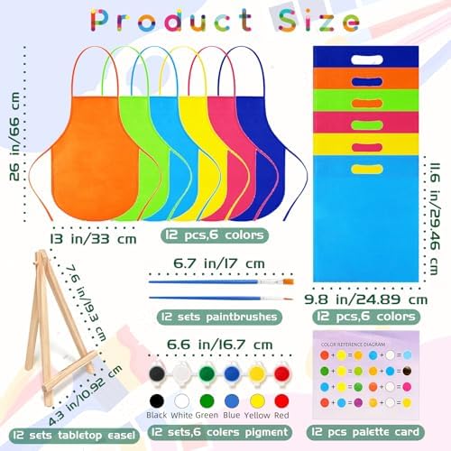 48PCS 12 Sets Printed Canvas Paint Art 12 Pcs Wooden Easel Set Paint Pots and Brushes and 12 Pre Drawn Canvas Panel 12 Pcs Mini Apron and Tote Bag for Kids(Cute) - Image 3