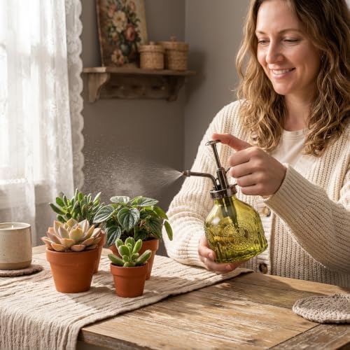 Plant Mister Spray Bottle, Retro Embossed Glass, Green - Image 3