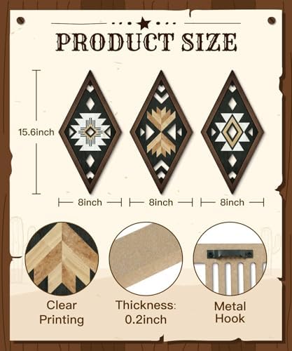 Putuo Decor Aztec Wall Decor, Native American Diamond Geometric Modern Western Boho Wall Art, Set of 3 Rustic Black White Tribal Style Hanging For Western Bathroom Decor 15.6x8 Inches - Image 2