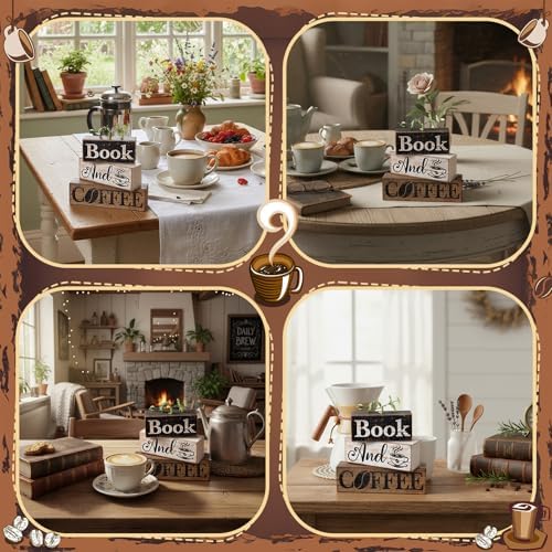 Moucuny 4 Pcs Farmhouse Table Decor Rustic Wooden Book and Coffee Signs - Image 6