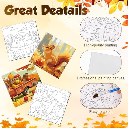 Teling 12 Pcs Fall Pre Drawn Stretched Canvas Kit for Adults Painting Pre Printed Canvas Outline for DIY Painting Party Favor, 6 x 6 x 0.6 Inches(Fall) - Image 3
