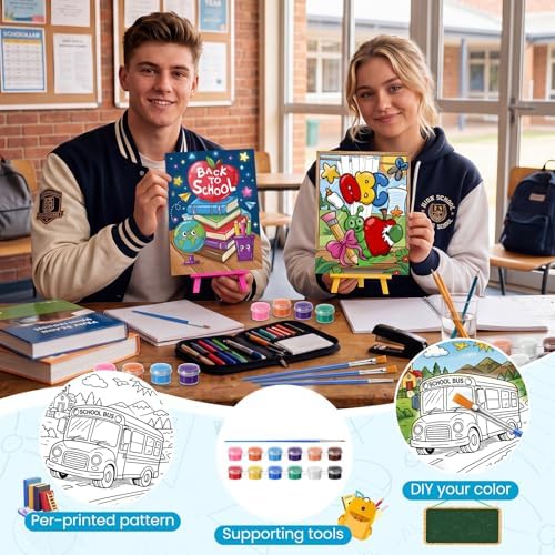 Blosssound 10 Set Back to School Pre Printed Canvas Pre Drawn Canvas Painting with Easel Kits 5" x 7" Outline Painting Panels for Beginners, DIY Craft Project, Party Favor, Home Decors - Image 3