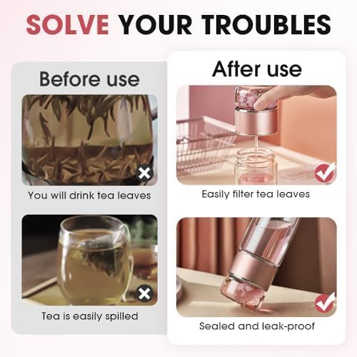 12oz/350ml Double Wall Glass Tea Infuser Bottle, Leakproof Travel Mug with 304 Stainless Steel Filter, Hot & Cold Drinks Tumbler for Loose Leaf Tea, Fruit Water, Home Office Travel (Rose Gold) - Image 5