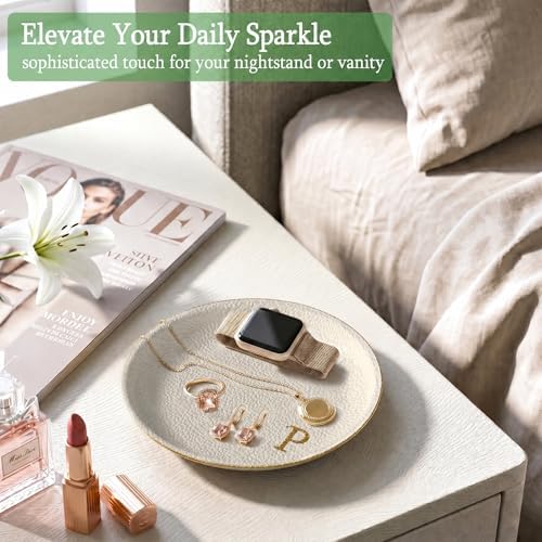 Initial Jewelry Dish for Women, Shatterproof Vegan Leather Ring Holder with Stainless Steel Core, Personalized Monogram Trinket Tray, Birthday Bridesmaid Gift with Box (Cream Letter P) - Image 3