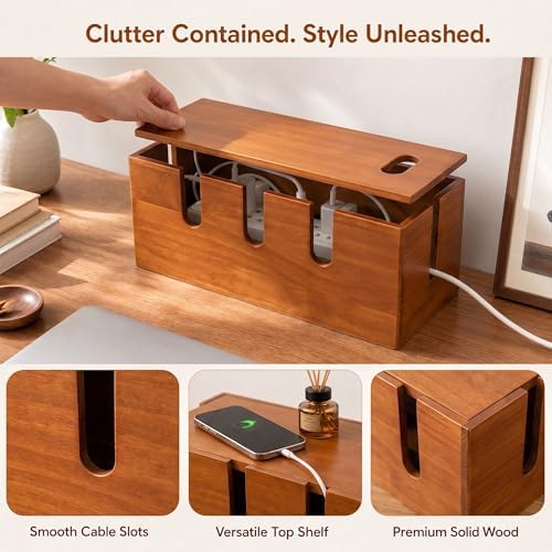 Wood Cable Management Box, Power Strip Cord Organizer Box, for Electrical Hiding Cord Management, Desk Cable Storage Box for Home Office - Image 3