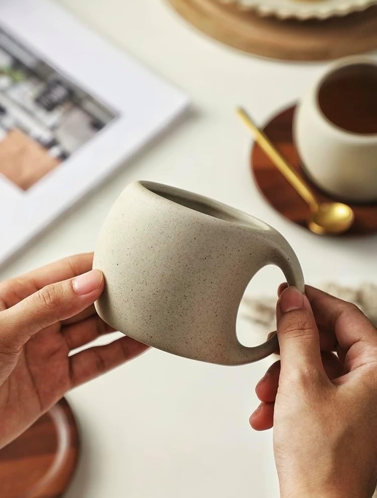 6 oz Clay Cup and Wood Saucer Set of 1, Ceramic Coffee Latte Art Mug With Saucer, Cafe Cups for Cappuccino, Espresso, Coffee, Tea, Porcelain Set for Baristas, Great Gift - Image 4