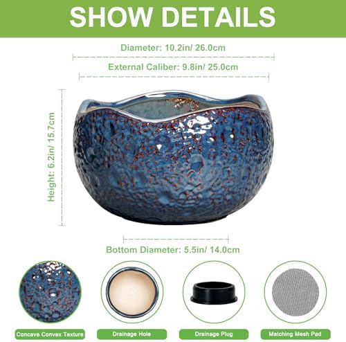 10 Inch Plant Pot - Ceramic Planter for Indoor Outdoor, Round Bonsai Pots, Decorative Flower Pots with Drainage Hole, Modern Unique Planters, House Decor, Home Gifts, Retro Blue - Image 2