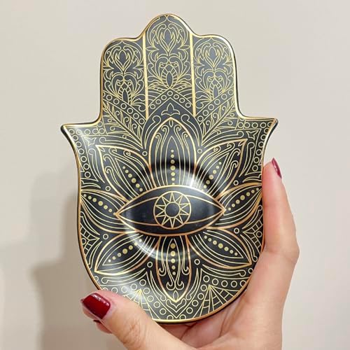 Exquisite Small Ceramic Jewelry Tray - Trinket Dish Evil Eye Decor, Gold Plate Ring Holder, Modern Boho Home Essentials, Perfume Organizer, Witchy, Aesthetic Room Decor (Black Hamsa) - Image 3