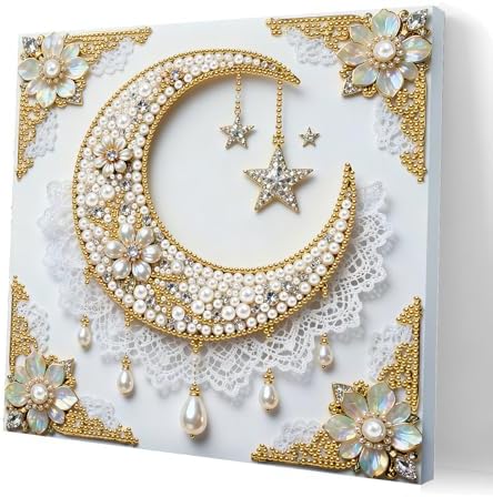 Pearl Art Kits Painting for Adults, DIY Mindfulness Therapy with Framed Canvas and Tools, Beginner Wall Decor-Moon by Artiphile