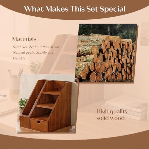 Vintage Wooden Desk Organizer Set of 2 - Wood Desktop File Holder & Shelf with Drawer - Rustic Office Storage for Books, Folders, Mail & Supplies - Matching Organizer for Home Office Desk - Image 5