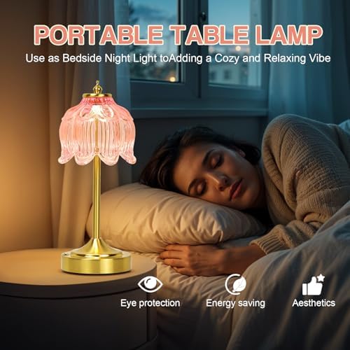 Cordless Table Lamp, Rechargeable Pink Glass Lotus Flower Lamp - Image 6