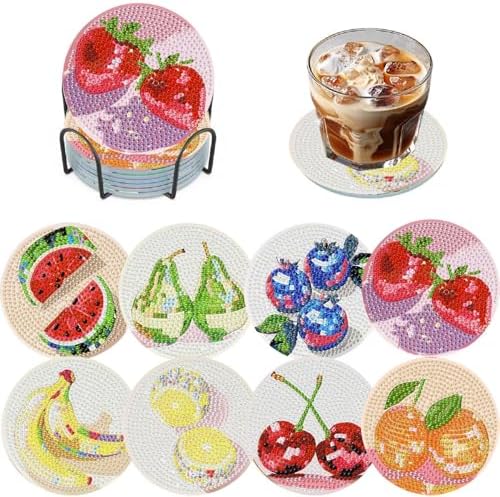 TCDZMYGS 8 Pcs Diamond Art Coasters Kit, Disco Fruit Diamond Painting Coasters Kits for Adults, 5D Full Drill Diamond Dot Gem Art Craft Kit with Holder, Fun DIY Non Slip Coaster for Home Decor by TCDZMYGS