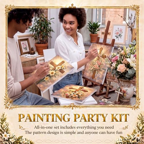 8 Sets 8" x 10" Cross and Flowers Pre Drawn Canvas for Painting for Sip and Paint Party Religious Floral Predrawn Coloring Set Pre Sketched Canvas Boards with Paints and Brushes for Adult - Image 4