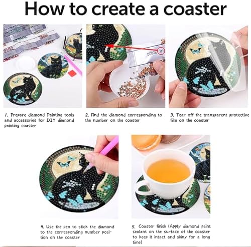 askkqtx 8 Pcs Black Cat Diamond Art Coasters Kits with Holder 4X4 Inch - Image 5