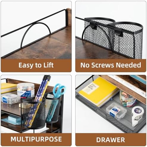 4 Tier Desk Organizers and Accessories, Paper Letter Tray Organizer,Vintage Wood Desk File Organizer with Drawer and 2 Pen Holders for School Home Office Supplies - Image 3