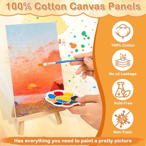 24 PCS Acrylic Paint Set, 2Pack Art Canvas with Easel Stand, 12 Acrylic Paints, 14 Brushes, Palettes, Aprons -Beginner Painting Kit, Mini Painting Canvas with Easel Set, Painting Kits for Adults Party - Image 5