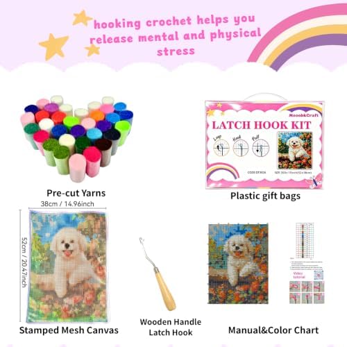 MeoobkCraft Latch Hook Kits for Adults Beginners, Pre-Printed Cute Dog Floral Latch Hook Rug Kit, DIY Garden Puppy Rug Craft Kit for Home Decor 20.47 x 14.96 in - Image 4