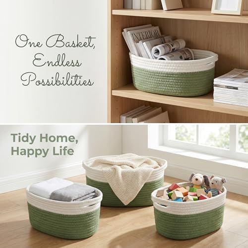 Small Cotton Rope Basket - White Woven Storage Basket with Handles, Desktop Organizer for Keys, Remotes, Makeup, Soft Decorative Bin for Bathroom, Office Shelf (White/Green) - Image 6