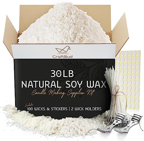 CraftBud Soy Candle Wax for Candle Making – Natural Soy Wax for Candle Making 30 lb Bag, Candle Making Wax, 30 Lbs. Soy Wax Flakes, 100 Candle Wicks, 100 Wick Stickers, and 2 Metal Centering Devices by CraftBud