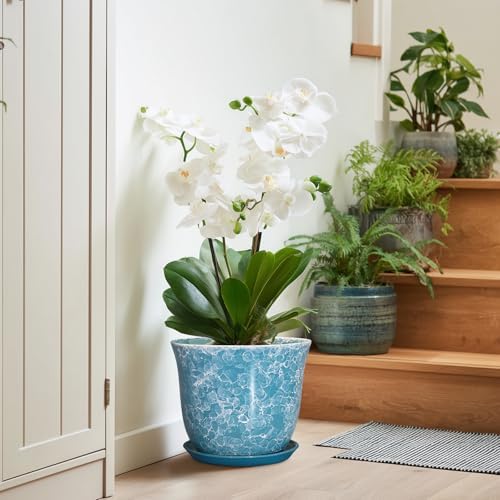 Ceramic Planter - 10 Inch Plant Pot for Indoor Outdoor, Large Round Flower Pots with Drainage Hole and Saucer, Modern Decorative Plant Pots, Garden House Decor, House Warming Gifts, Blue - Image 6