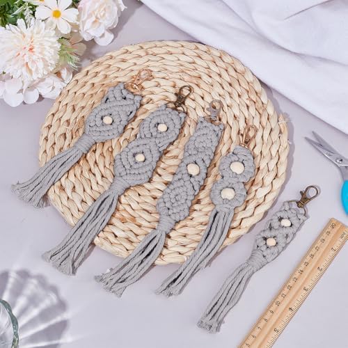 INFUNLY 6 PCS DIY Macrame Light Grey Keychain Kit Wood Beads Keychain Kit with Instructions and Video Tutorial Cotton Cord Key Chain Kit Boho Handmade Keychain Knotting Kit for Car Key Wallet Dector - Image 5