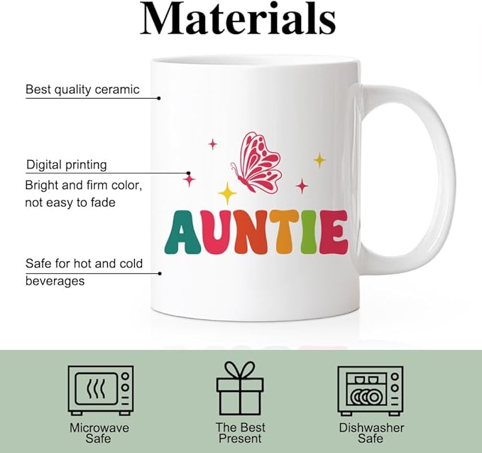 RZHV In My Auntie Era 11 Oz Novelty Mug, Cute Butterfly Family Ceramic Mug, Aunt Gifts From Niece Nephew, Birthday Gifts For Aunt New Aunt To Be Aunt, Mother's Day Gifts for Auntie, Aunt Mug Cup Gifts