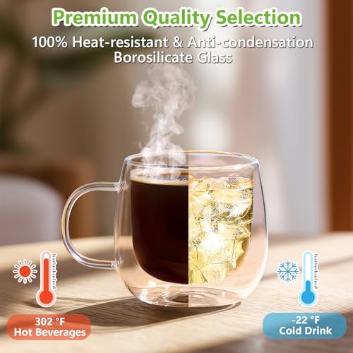 4 Pack Double Walled Glass Coffee Mugs, 16 oz Large Insulated Clear Coffee Cups with Handle, Cappuccino Mug for Espresso, Latte, Americano, Tea Bag, Beverage, Heat & Cold Resistant - Image 5
