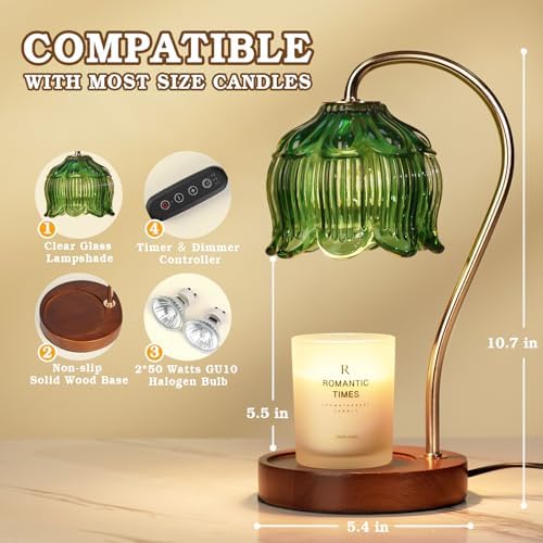 Funistree Green Candle Warmer Lamp with Timer, Dimmable Flower Candle Lamp Warmer, Vintage Christmas Birthday Gifts for Women, Mom, Female Friend, Aromatic Candle Light for Yankee Candles - Image 5