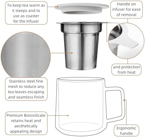 CNGLASS 12oz Double Walled Glass Tea Cup with Stainless Steel Infuser and Lid,Borosilicate Glass Tea Infuser Mug for Loose Tea,Teabag,Set of 1 - Image 4