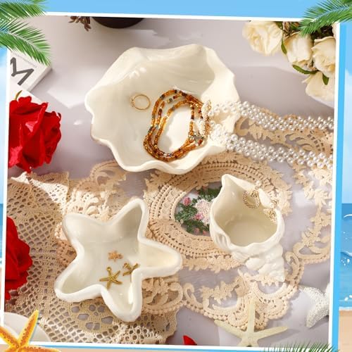 Teenyyou 3 Pcs Ceramic Seashell Jewelry Holder Conch Seashell Bowl, White - Image 3