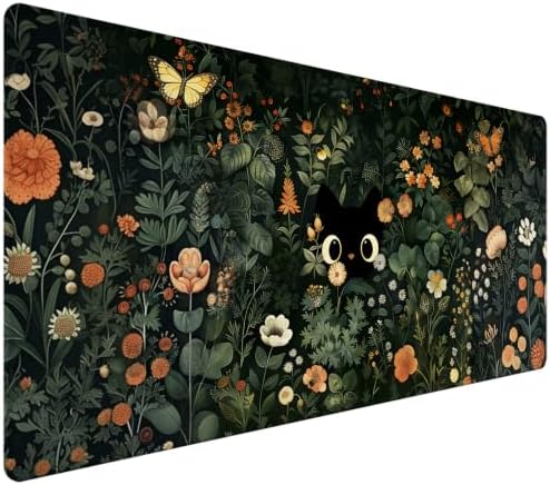 Black Cat Desk Mat, Dark Botanical Floral XXL Mouse Pad 35.4x15.7 in by HUADO