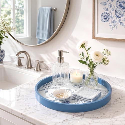 Novabright Blue Wooden Serving Tray, 11.8" Round Chinoiserie - Image 6
