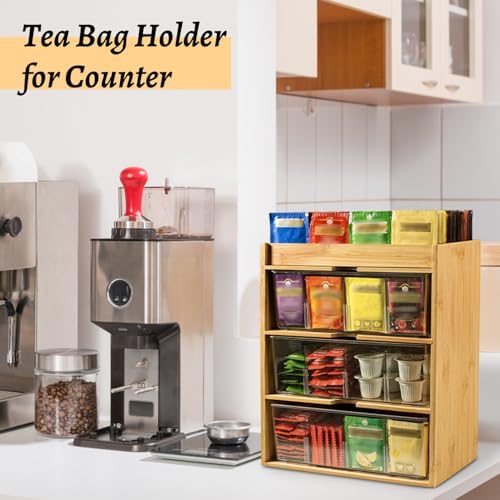 TIMIEEYA Tea Bag Organizer - Bamboo Tea Storage With Drawer 3 Layer, Organizer for Tea Bags Natural Wood & Acrylic for Countertop Office Kitchen Cabinet Pantry - Image 4