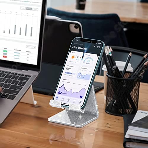 Crpich Acrylic Cell Phone Stand, Portable Phone Holder, Phone Stand for Desk, Compatible with Phone16 15 14 13 12 Pro Max Mini 11 Xr Plus SE, Switch, Android Smartphone, Pad, Tablet, Glitter Silver - Image 6