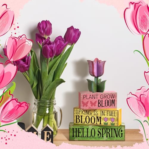 Moucuny 4 Pcs Spring Wood Block Signs Tiered Tray Decor Farmhouse Table - Image 4