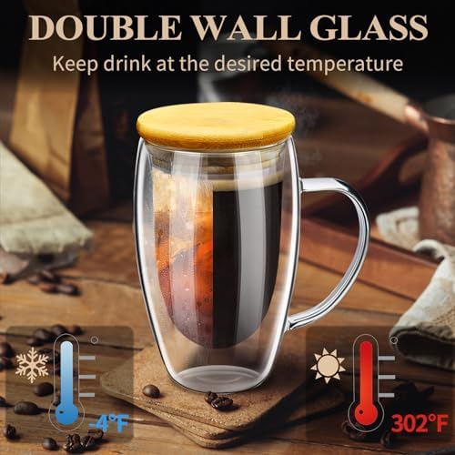 PARACITY Double Wall Glass Coffee Mugs 16OZ with Bamboo Lid/Spoon, Glass Coffee Cups Set of 2 with Handle, Insulated Clear Coffee Mug, Perfect for Latte, Cappuccino, Espresso, Hot Beverage, Tea - Image 4