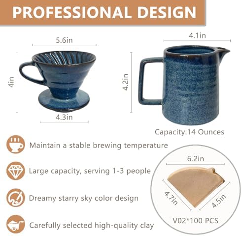 Ceramic Pour Over Coffee Maker Set, Starry Blue Coffee Dripper Cone with 40 Filters, 14 Ounces/400ml Pot - Image 7