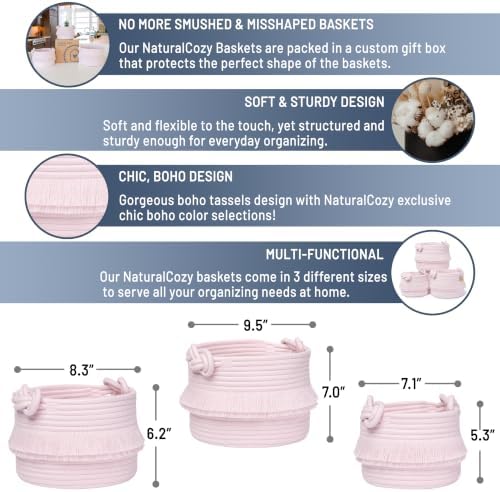 NaturalCozy 3-Piece Decorative Storage Basket Set – Pink Cotton Rope Small Woven Baskets for Organizing for Nursery Baby Stuff, Gift, Vanity, Montessori, Dog Cat Toy Bin, Planter, Bathroom Shelves - Image 2