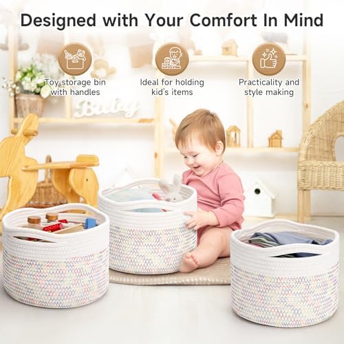 3 Pack Small Rope Storage Baskets, 9.82×9.82×7.1", Rainbow - Image 3