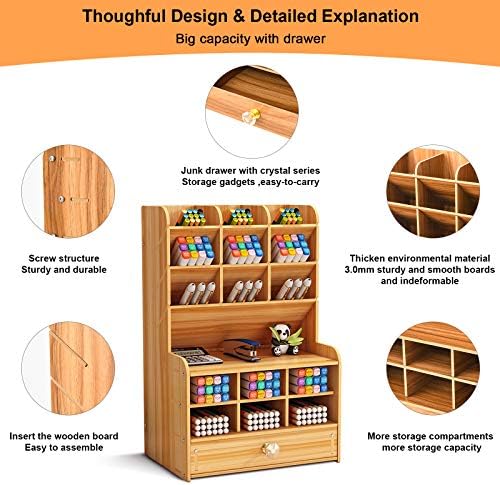 Marbrasse Wooden Desk Stationary Organizer, Multi-Functional Pen Holder, Storage Rack for School Home Office Art Supplie (B16-Cherry Color) - Image 4