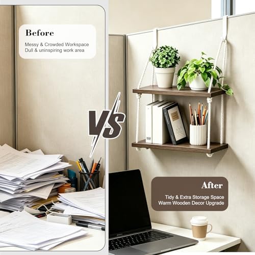 2 Tier Cubicle Shelf with Hooks, Wooden Hanging Organizer for Office - Image 2