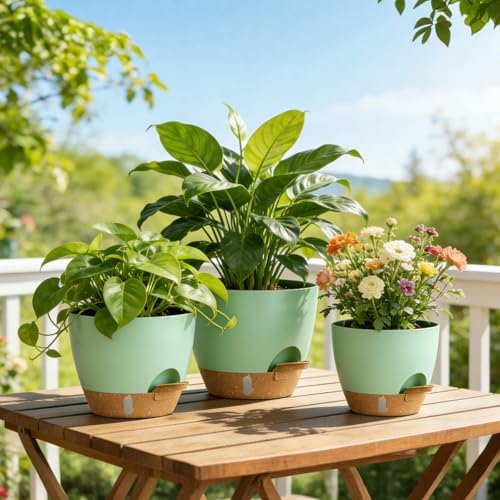 Plant Pots, 4 Pack 12/10/9/8 Inch Self Watering Pots with Drainage Holes, Water Level Indicator Deep Reservoir, Large Planters for Indoor Outdoor Plants - Green Brown - Image 7