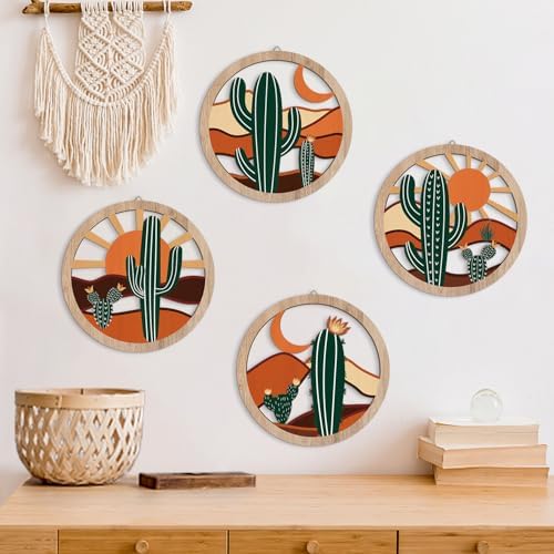 HPNIUB Boho Cactus Wall Decor, Rustic Desert Tropical Botanical Hanging Wood Sign for Living Room, Round Southwest Plant Wooden Plaque, Sun and Moon Wall Art for Apartment Office(10''x10'') - Image 5