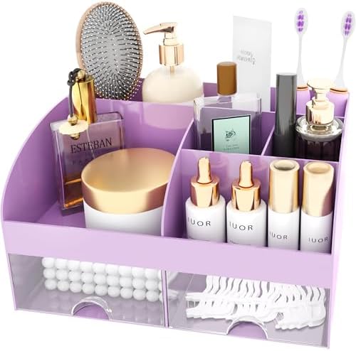 Makeup Organizer with Drawers, Cosmetic Storage for Dresser Vanity and Bathroom Countertop, Beauty Holder for Lipstick Brush, Skincare Organizer for Vanity, Cosmetic Display Case (Purple) - Image 2