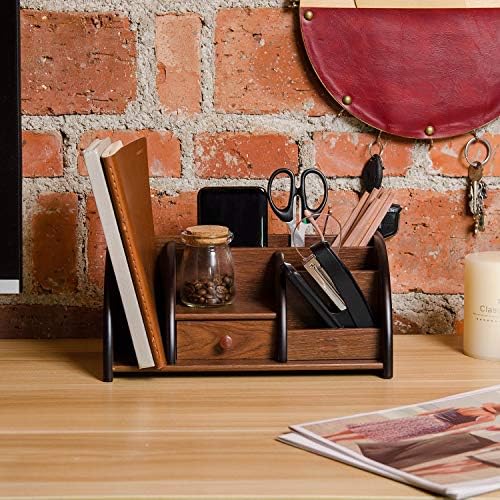 Cherry Brown Wood Desktop Organizer Multiple Compartments Stepped Racks Drawer Shelf Tabletop Storage Cabinet Stationery Holder Office Accessory Supplies Caddy Sorter Home - Image 4