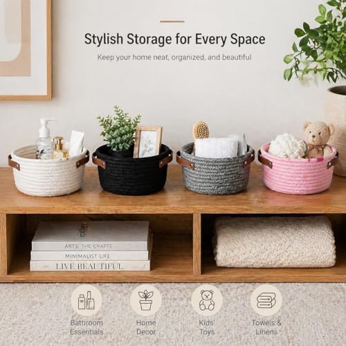 Small Woven Basket, Mini Cotton Rope Storage Basket with Leather Handle - Image 6