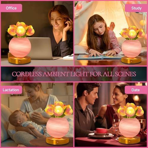 Tulip Table Lamp, Rechargeable Cordless Touch Dimming Artificial Tulip Flower Desk Lamp, LED Flower Bedside Night Light Romantic Gifts for Girl Women Mom (Pink Tulip) - Image 6
